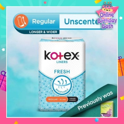 KOTEX Kotex Fresh Panty Liner Regular Unscented 32s (Longer & Wider)