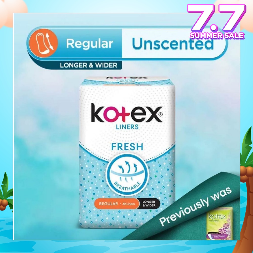 Kotex Fresh Panty Liner Regular Unscented 32s (Longer & Wider)