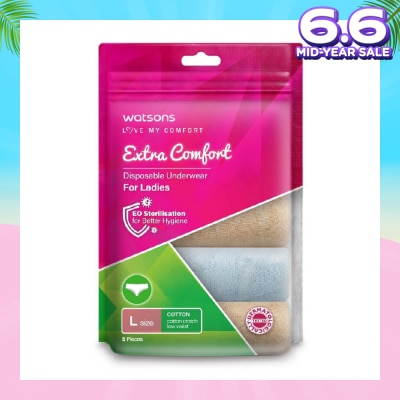 WATSONS Extra Comfort Disposable Underwear for Ladies Size L (Cotton, Low Waist Dermatologically Tested) 5s