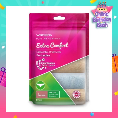 WATSONS Extra Comfort Disposable Underwear for Ladies Size L (Cotton, Low Waist Dermatologically Tested) 5s