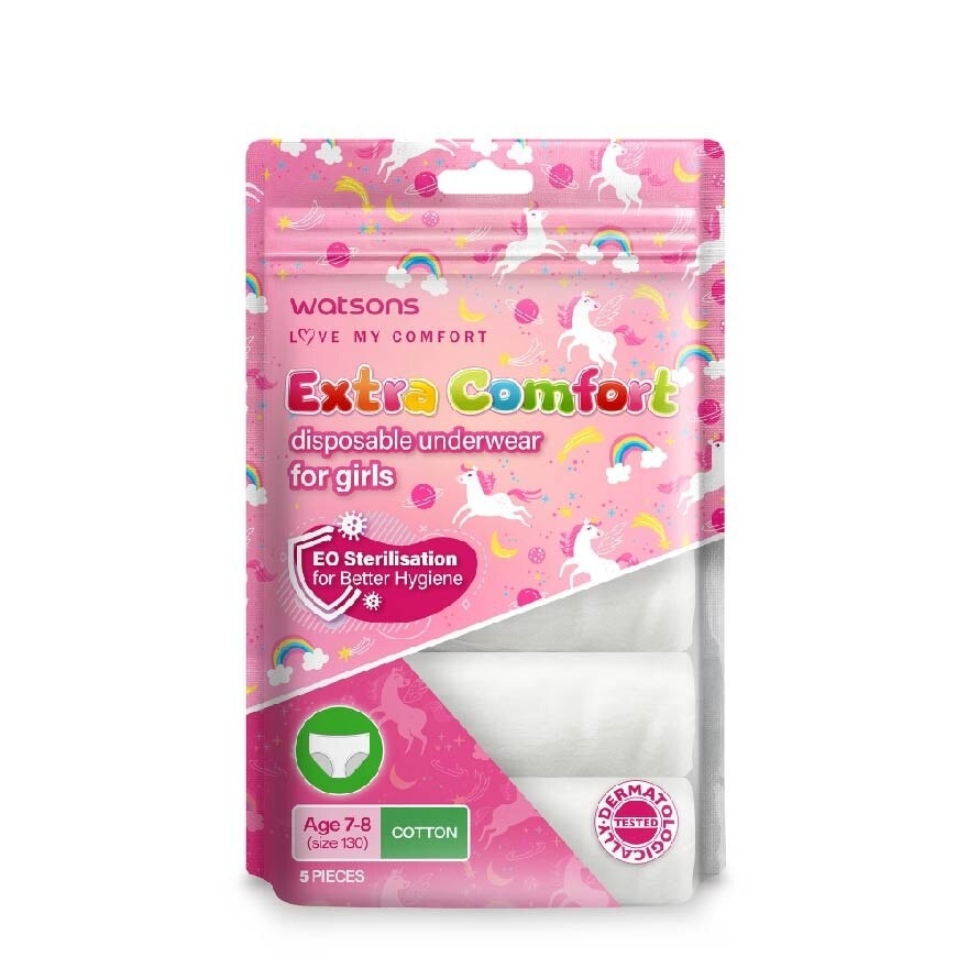 Extra Comfort Disposable Underwear for Girls Age 7 - 8 Size 130 (Cotton, Dermatologically Tested) 5s