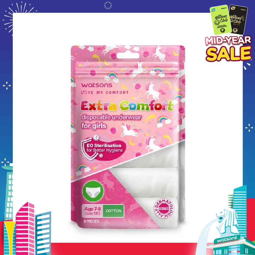 Extra Comfort Disposable Underwear for Girls Age 7 - 8 Size 130 (Cotton, Dermatologically Tested) 5s