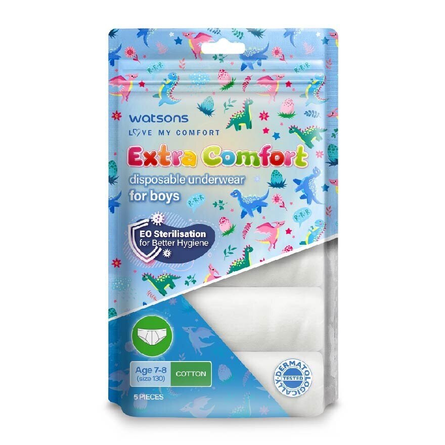 WATSONS Extra Comfort Disposable Underwear for Boys Age 7 8 Size 130 Cotton Dermatologically Tested 5s Cotton Paper Watsons Singapore