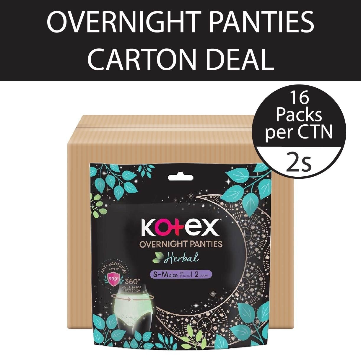 Overnight Panties Herbal Anti-Bacterial Size S-M 2s x 16pkt (per carton)