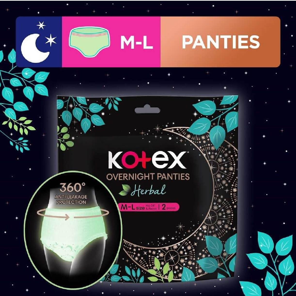 Overnight Panties Herbal Anti-Bacterial Size M-L 2s x 16pkt (per carton)