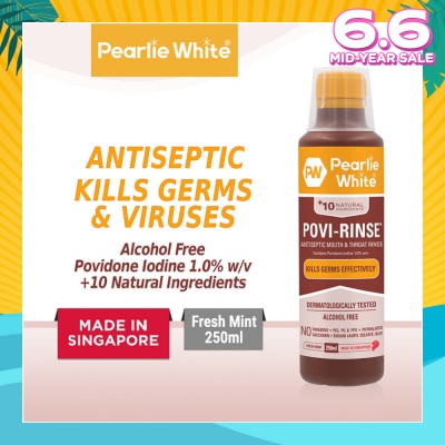 PEARLIE WHITE® Povi Rinse Antiseptic Mouth And Throat Rinse (Helps To Maintain Oral Health And Fight Germs That Cause Bad Breath) 250ml