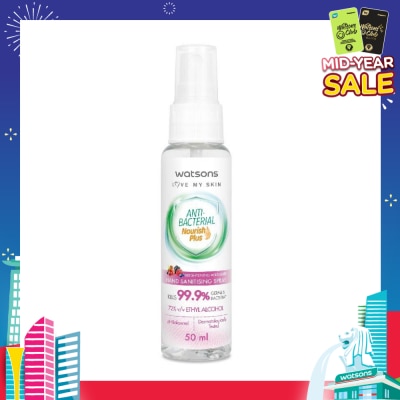 WATSONS Anti Bacterial Nourish Plus, Brightening Wild Berry Hand Sanitiser Spray (Kills 99.9% Germs And Bacteria*) 50ml