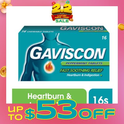 GAVISCON Chewable Tablet Peppermint (For Fast Relief of Heartburn & Indigestion) 16s (Expiry: Nov`2026)