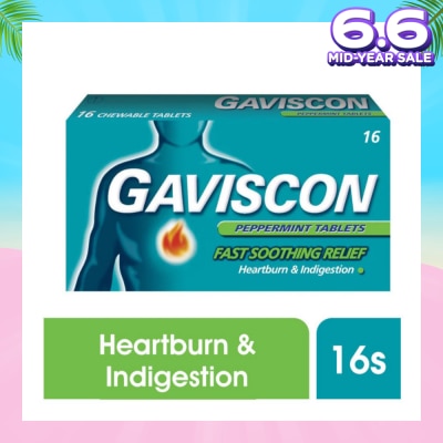 GAVISCON Chewable Tablet Peppermint (For Fast Relief of Heartburn & Indigestion) 16s (Expiry: Nov`2025)