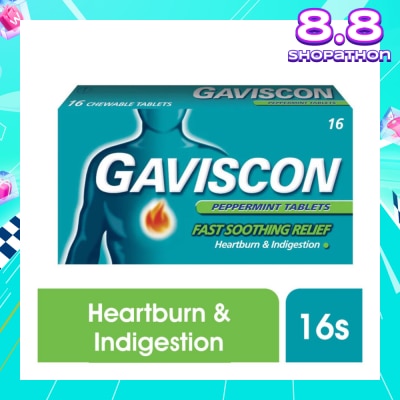GAVISCON Chewable Tablet Peppermint (For Fast Relief of Heartburn & Indigestion) 16s (Expiry: Nov`2025)