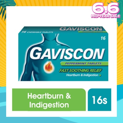 GAVISCON Chewable Tablet Peppermint (For Fast Relief of Heartburn & Indigestion) 16s (Expiry: Nov`2025)