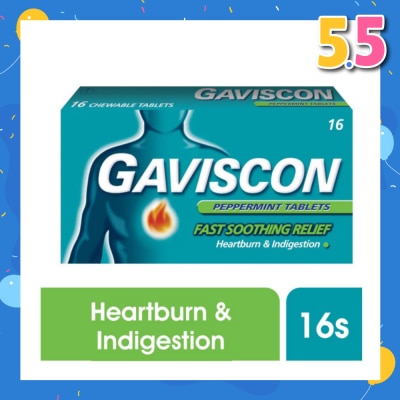 GAVISCON Chewable Tablet Peppermint (For Fast Relief of Heartburn & Indigestion) 16s (Expiry: Nov`2025)
