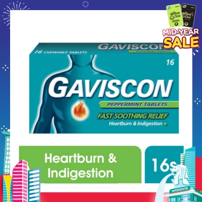 GAVISCON Chewable Tablet Peppermint (For Fast Relief of Heartburn & Indigestion) 16s (Expiry: Nov`2025)