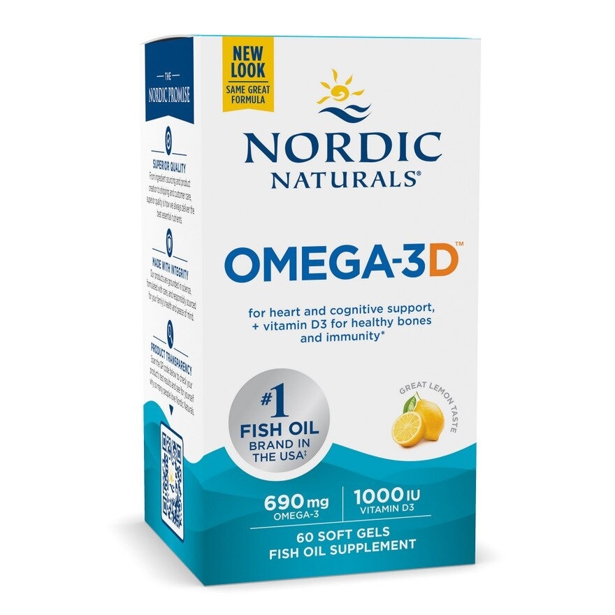 Omega-3D + Vitamin D3 Dietary Supplement Softgel 1000mg Lemon (For Cognition + Immune + Bone Support) 60s