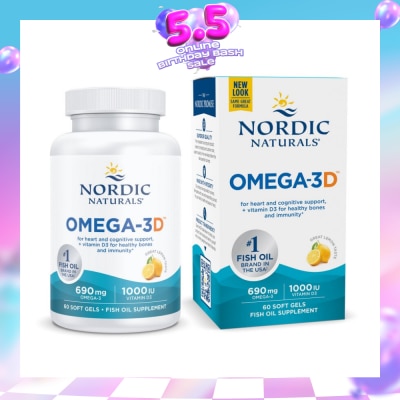 NORDIC NATURALS - Omega-3D + Vitamin D3 Dietary Supplement Softgel 1000mg Lemon (For Cognition + Immune + Bone Support) 60s