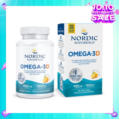 NORDIC NATURALS Omega-3D + Vitamin D3 Dietary Supplement Softgel 1000mg Lemon (For Cognition + Immune + Bone Support) 60s