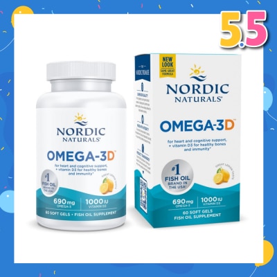 NORDIC NATURALS Omega-3D + Vitamin D3 Dietary Supplement Softgel 1000mg Lemon (For Cognition + Immune + Bone Support) 60s