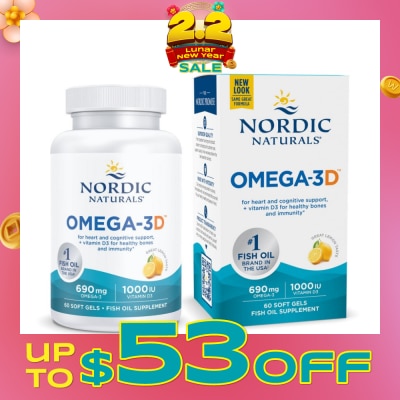 NORDIC NATURALS Omega-3D + Vitamin D3 Dietary Supplement Softgel 1000mg Lemon (For Cognition + Immune + Bone Support) 60s