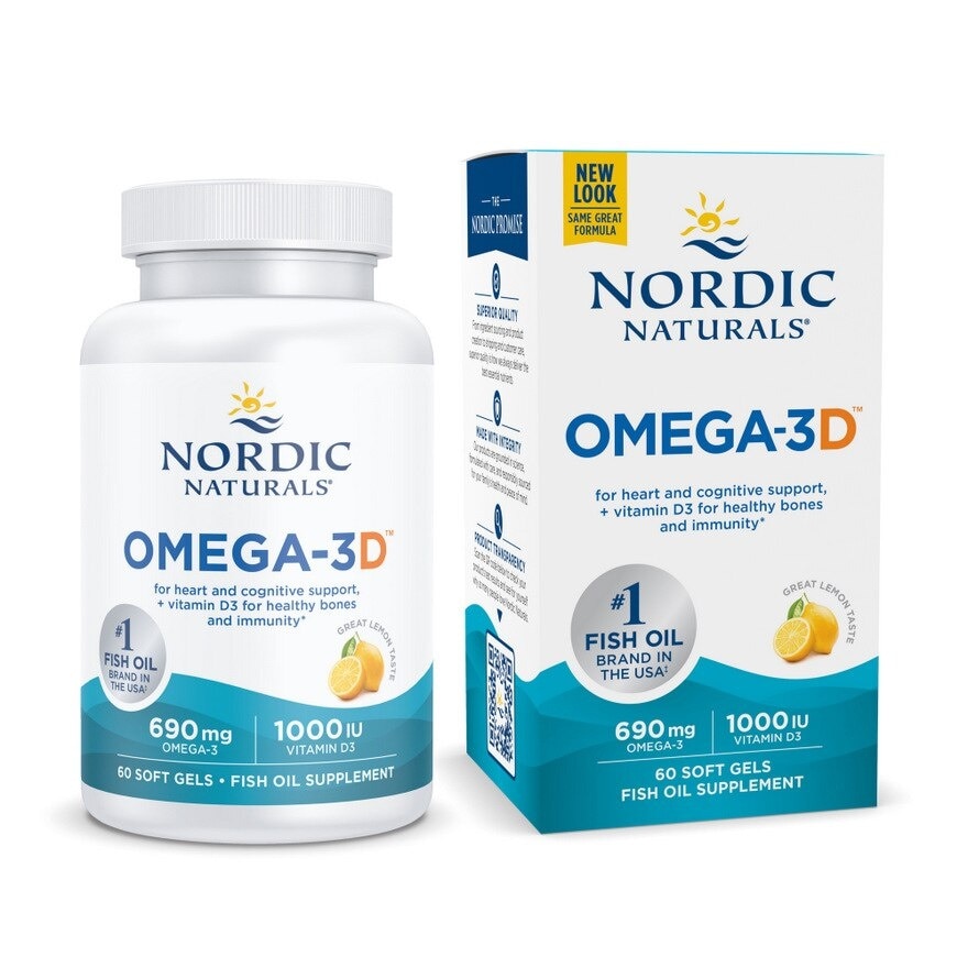 Omega-3D + Vitamin D3 Dietary Supplement Softgel 1000mg Lemon (For Cognition + Immune + Bone Support) 60s