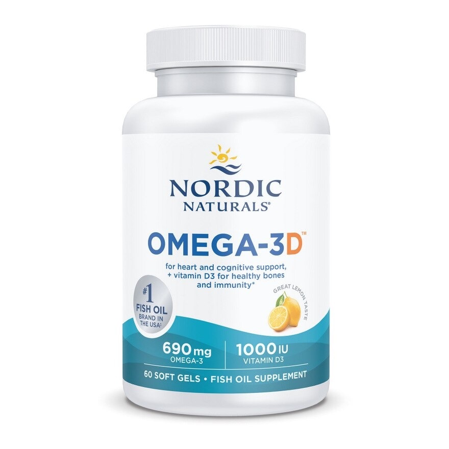 Omega-3D + Vitamin D3 Dietary Supplement Softgel 1000mg Lemon (For Cognition + Immune + Bone Support) 60s