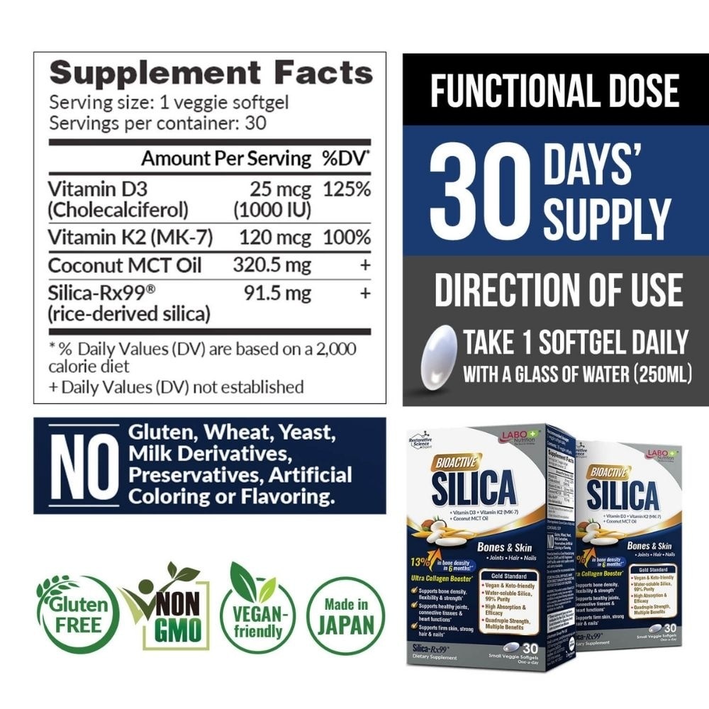 Bioactive Silica Veggie Capsule (Bone Health, Collagen Support Skin, Hair, Nails) 30s