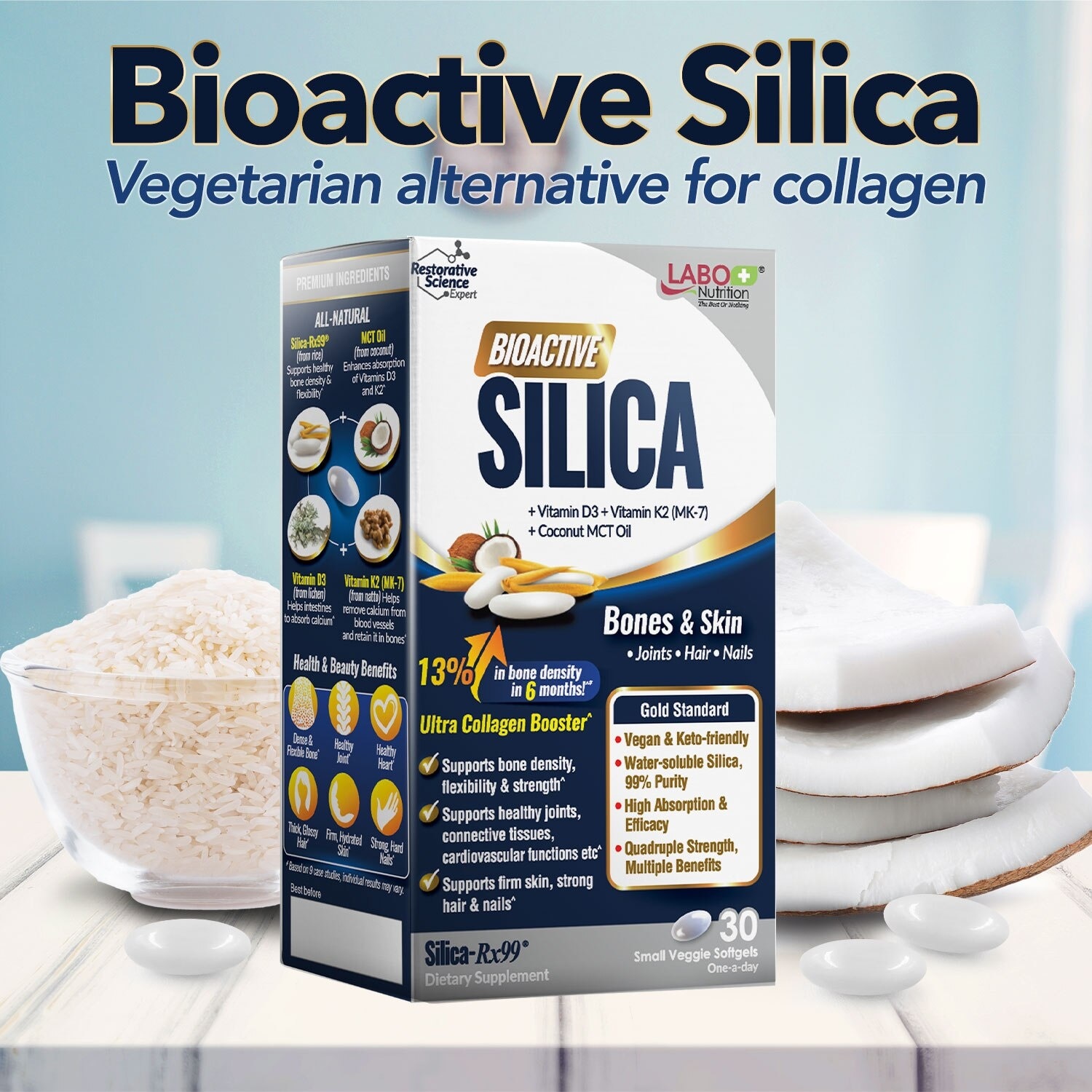 Bioactive Silica Dietary Supplement (Increase Bone Density For Stronger Bones, Intensive Collagen Generator For Skin, Hair Nails) 30s