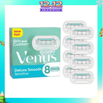 GILLETTE VENUS Deluxe Smooth Sensitive Refill Blades (Lubrication Strip With Aloe Vera That Helps Protect You Sensitive Skin Against Shaving Irritation) 8s
