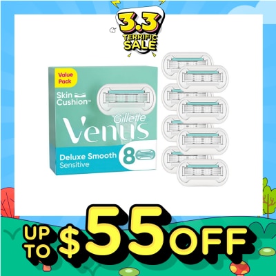GILLETTE VENUS Deluxe Smooth Sensitive Refill Blades (Lubrication Strip With Aloe Vera That Helps Protect You Sensitive Skin Against Shaving Irritation) 8s