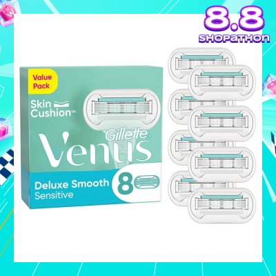 GILLETTE VENUS Deluxe Smooth Sensitive Refill Blades (Lubrication Strip With Aloe Vera That Helps Protect You Sensitive Skin Against Shaving Irritation) 8s