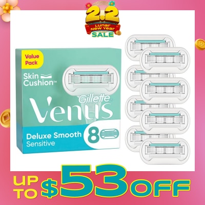 GILLETTE VENUS Deluxe Smooth Sensitive Refill Blades (Lubrication Strip With Aloe Vera That Helps Protect You Sensitive Skin Against Shaving Irritation) 8s