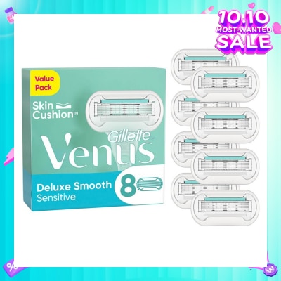 GILLETTE VENUS Deluxe Smooth Sensitive Refill Blades (Lubrication Strip With Aloe Vera That Helps Protect You Sensitive Skin Against Shaving Irritation) 8s