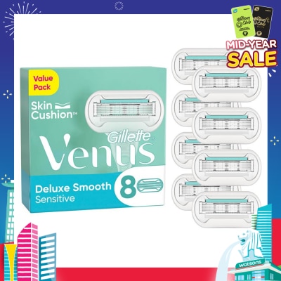 GILLETTE VENUS Deluxe Smooth Sensitive Refill Blades (Lubrication Strip With Aloe Vera That Helps Protect You Sensitive Skin Against Shaving Irritation) 8s