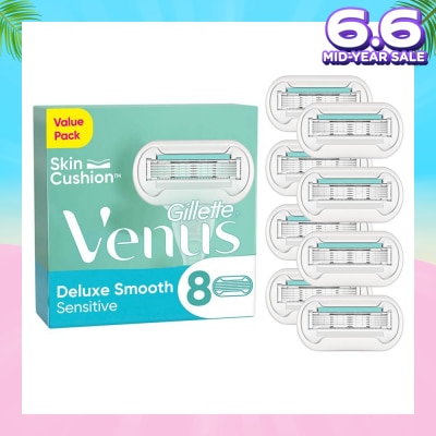 GILLETTE VENUS Deluxe Smooth Sensitive Refill Blades (Lubrication Strip With Aloe Vera That Helps Protect You Sensitive Skin Against Shaving Irritation) 8s