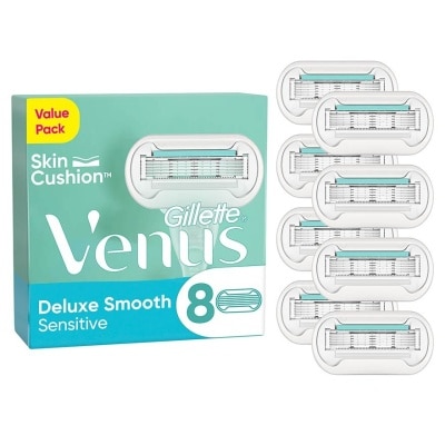 GILLETTE VENUS Deluxe Smooth Sensitive Refill Blades (Lubrication Strip With Aloe Vera That Helps Protect You Sensitive Skin Against Shaving Irritation) 8s