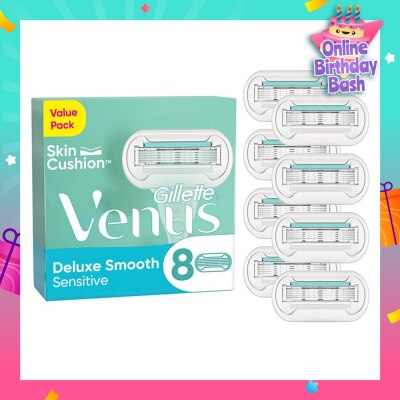 GILLETTE VENUS Deluxe Smooth Sensitive Refill Blades (Lubrication Strip With Aloe Vera That Helps Protect You Sensitive Skin Against Shaving Irritation) 8s