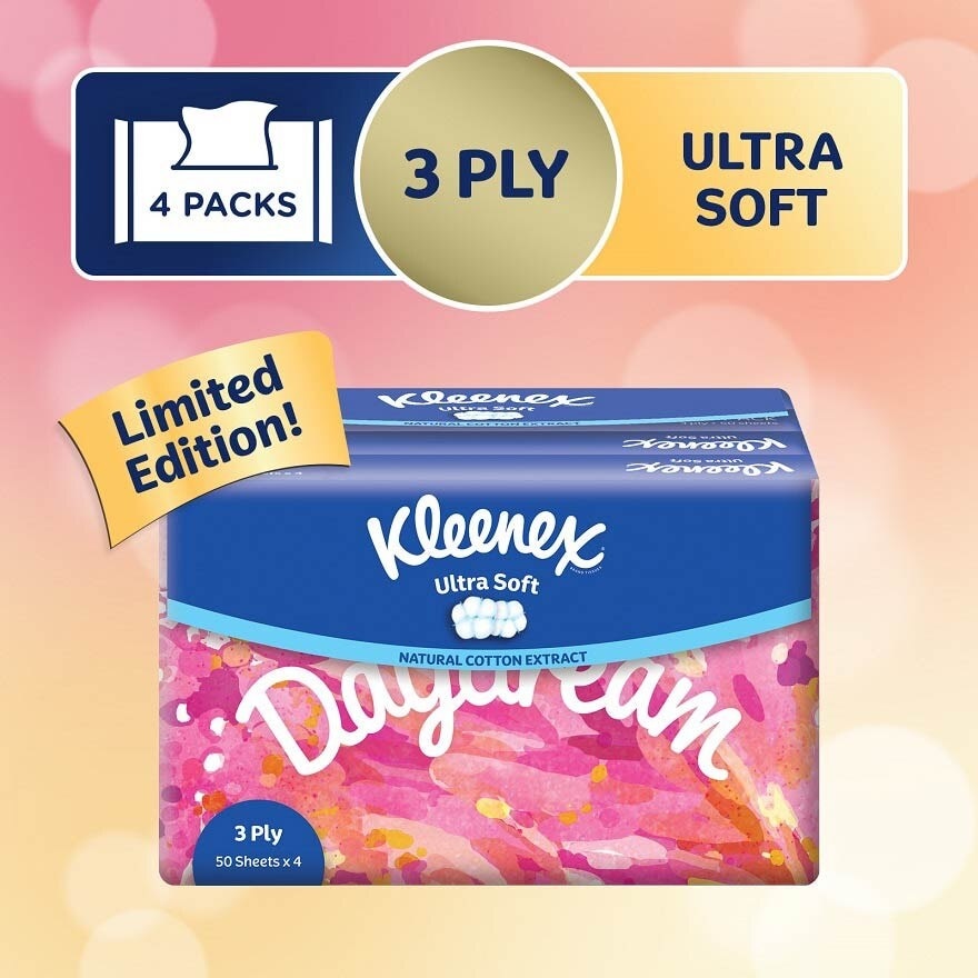 Ultra Soft 3 Ply Facial Tissues Soft Pack 50 Sheets, (Moments Limited Edition) 4s