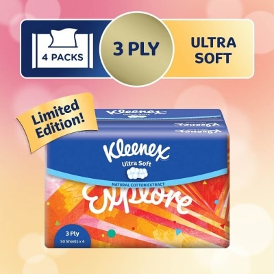 KLEENEX Ultra Soft 3 Ply Facial Tissues Soft Pack 50 Sheets, (Moments Limited Edition) 4s