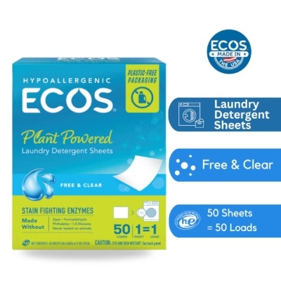 ECOS Hypoallergenic Plant Powered Laundry Detergent Sheet 50s (Expiry: April`2026)