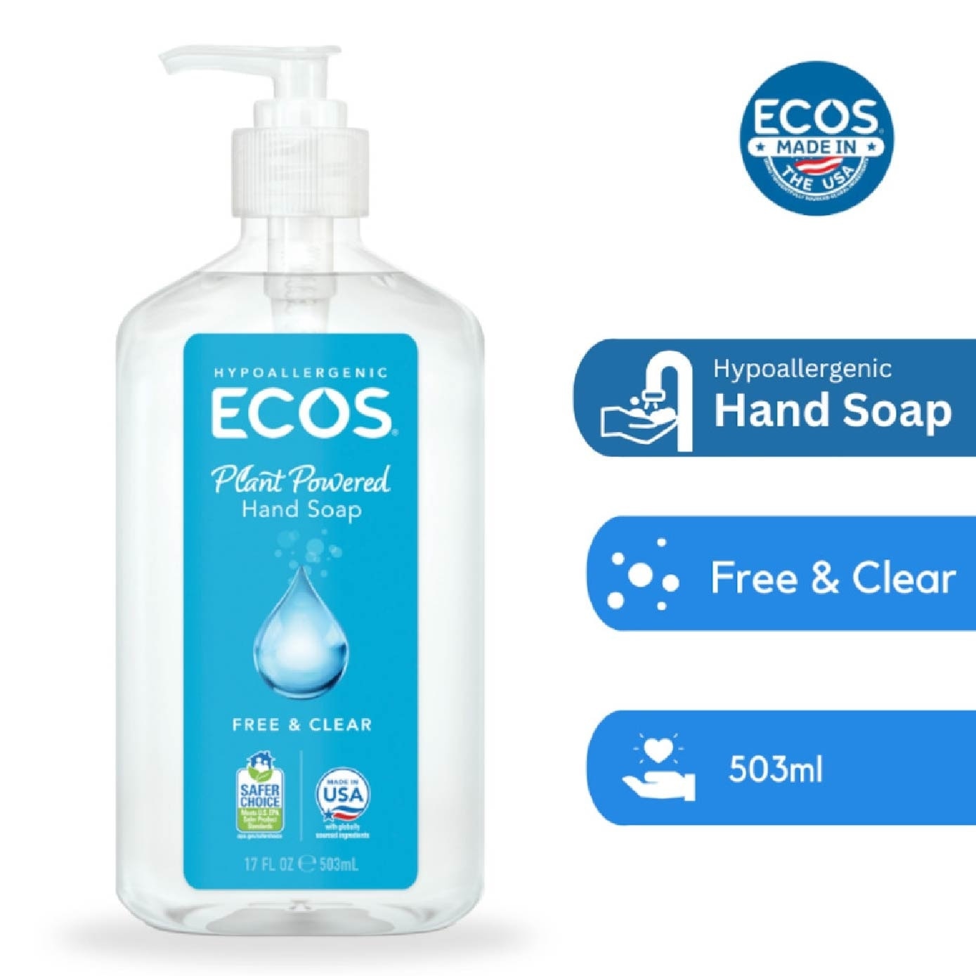 Hypoallergenic Plant Powered Hand Soap (Free & Clear) 503ml