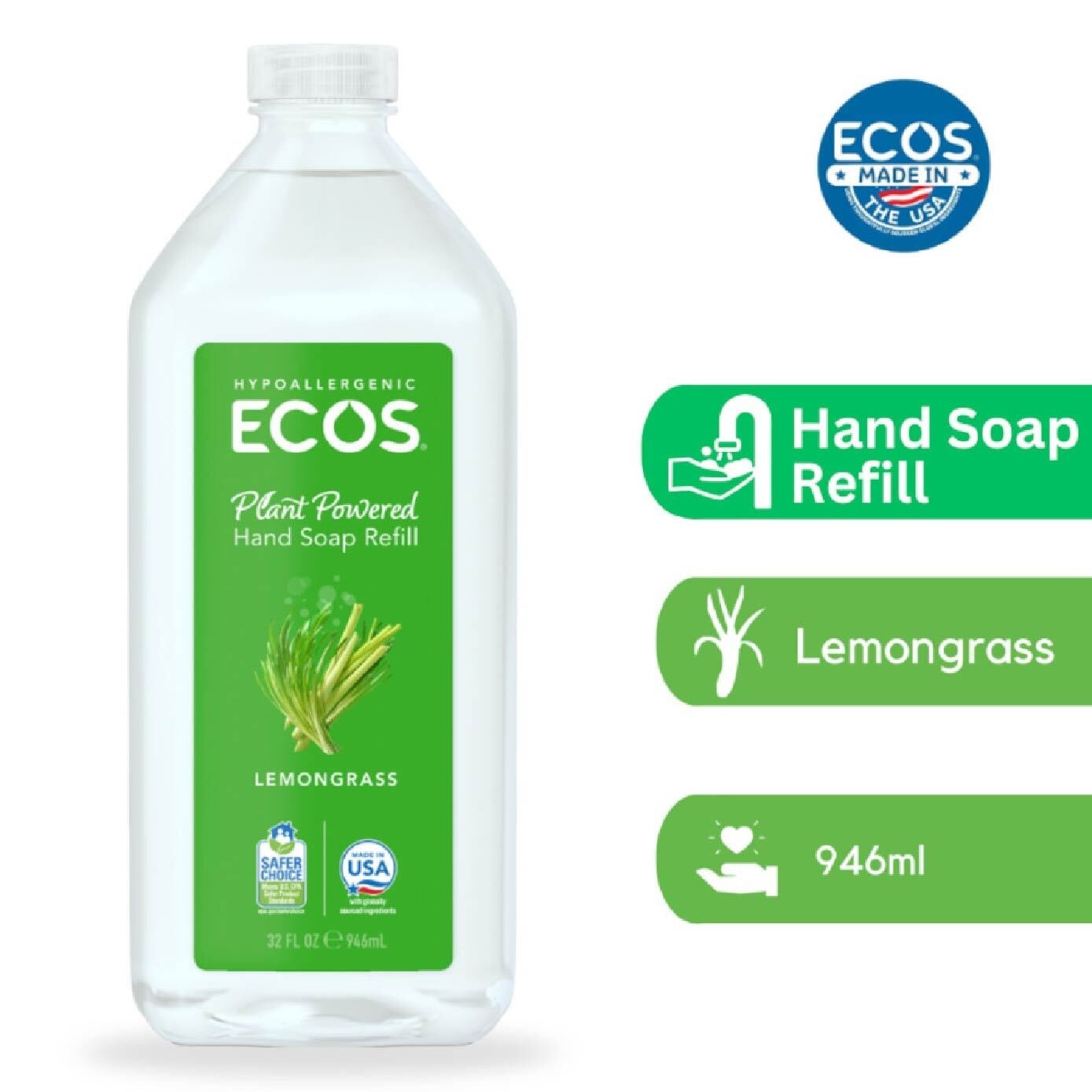 Hypoallergenic Plant Powered Hand Soap Refill (Lemongrass) 946ml