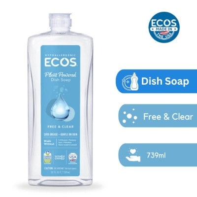 ECOS Hypoallergenic Plant Powered Dish Soap Free & Clear (Cuts Grease & Gentle On Skin) 739ml