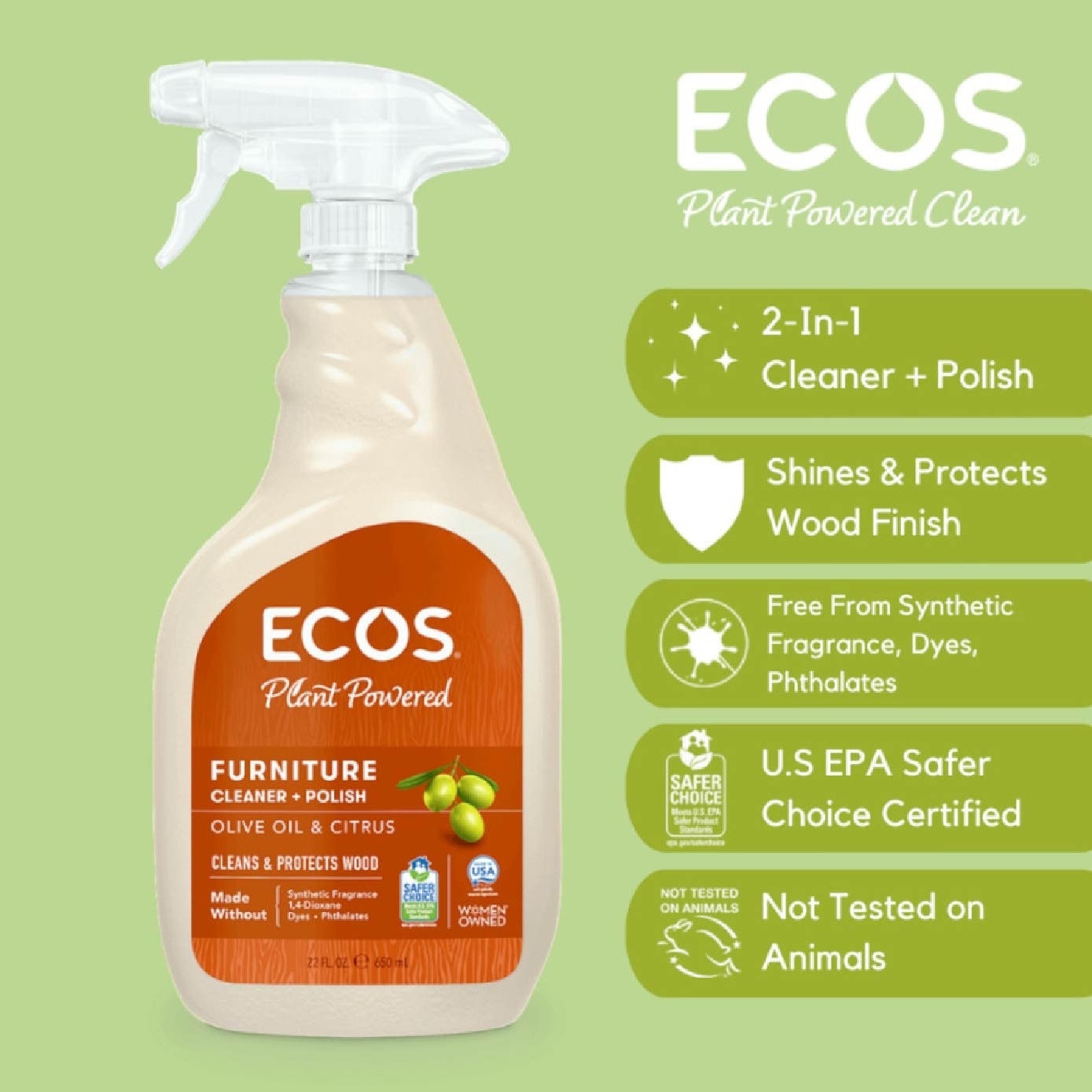 Plant Powered Furniture Cleaner + Polish Olive Oil & Citrus Shines & Protects Wood Finish) 650ml