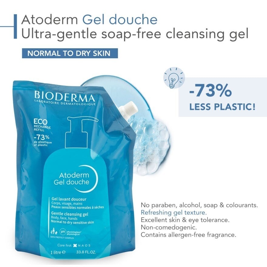 Atoderm Gel Douche Eco Refill Pack (Ultra Gentle Soap Free Cleansing Shower Gel That Hydrates And Purifies Dry, Sensitive Skin) 1000ml