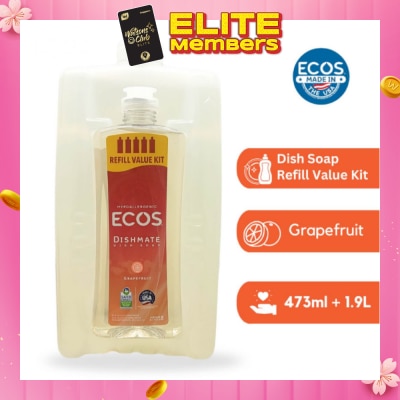 ECOS Hypoallergenic Dishmate Dish Soap Refill Value Kit Grapefruit (Hard On Grease & Gentle On Skin) 473ml +1.9L