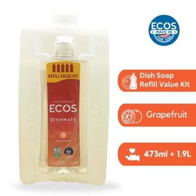 ECOS Hypoallergenic Dishmate Dish Soap Refill Value Kit Grapefruit (Hard On Grease & Gentle On Skin) 473ml +1.9L