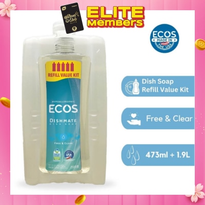 ECOS Hypoallergenic Dishmate Dish Soap Refill Value Kit Free & Clear (Hard On Grease & Gentle On Skin) 473ml +1.9L