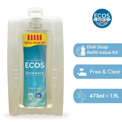 ECOS Hypoallergenic Dishmate Dish Soap Refill Value Kit Free & Clear (Hard On Grease & Gentle On Skin) 473ml +1.9L