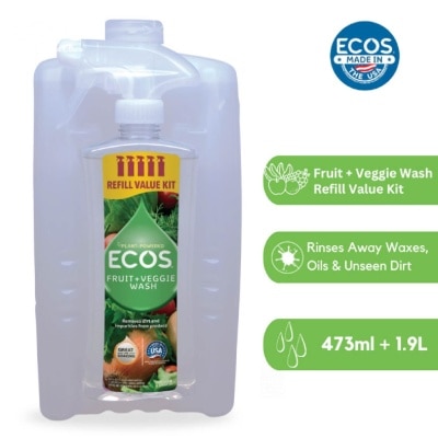 ECOS Plant-Powered Fruit + Veggie Wash Refill Value Kit (Rinses Away Waxes, Oils & Unseen Dirt) 473ml + 1.9L