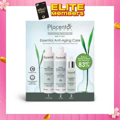 PLACENTOR VEGETAL Essential Anti-Aging Care Set consists Cleansing Milk 250ml + Floral Toning Lotion 250ml + Regenerating Serum 30ml