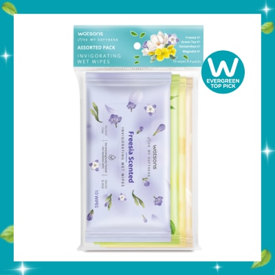 WATSONS Invigorating Wet Wipes Assorted Pack consists of Freesia 10s + Green Tea 10s + Osmanthus 10s + Magnolia 10s image